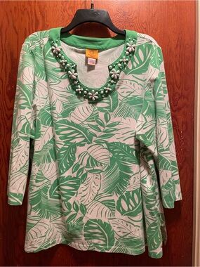 Ruby Rd. White and Green Leaf-Print Tunic with Floral Bead Neckline